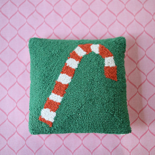 Hooked Wool Candy Cane Pillow