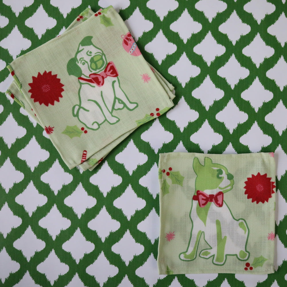 Pug Perfection Meadow Green No-Iron Christmas Cocktail Coasters, Set of 4