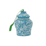 Chinoiserie ginger jar Christmas ornaments featuring intricate floral patterns in blue designs.