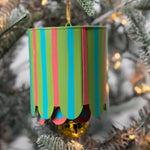 Colorful tole metal lantern Christmas ornaments featuring Blue-green stripes with gold bell.