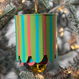 Colorful tole metal lantern Christmas ornaments featuring Blue-green stripes with gold bell.