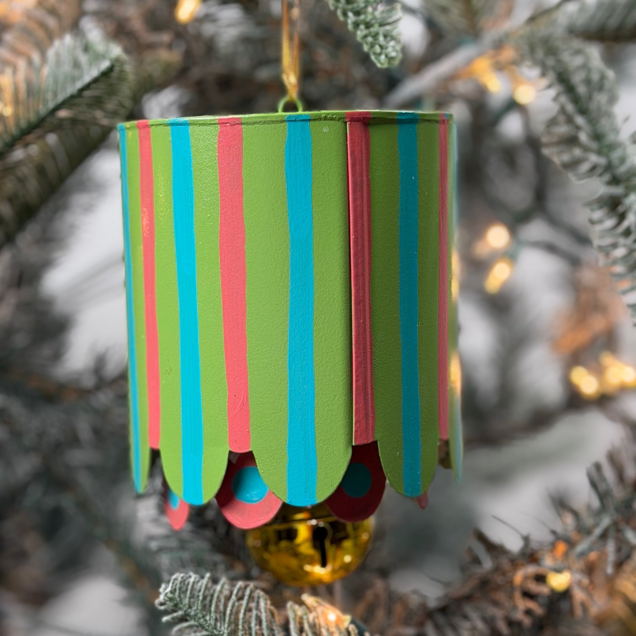 Colorful tole metal lantern Christmas ornaments featuring Blue-green stripes with gold bell.