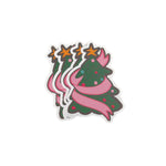Three Festive Christmas tree place card featuring colorful ornaments, a pink ribbon, and space for personalized names.