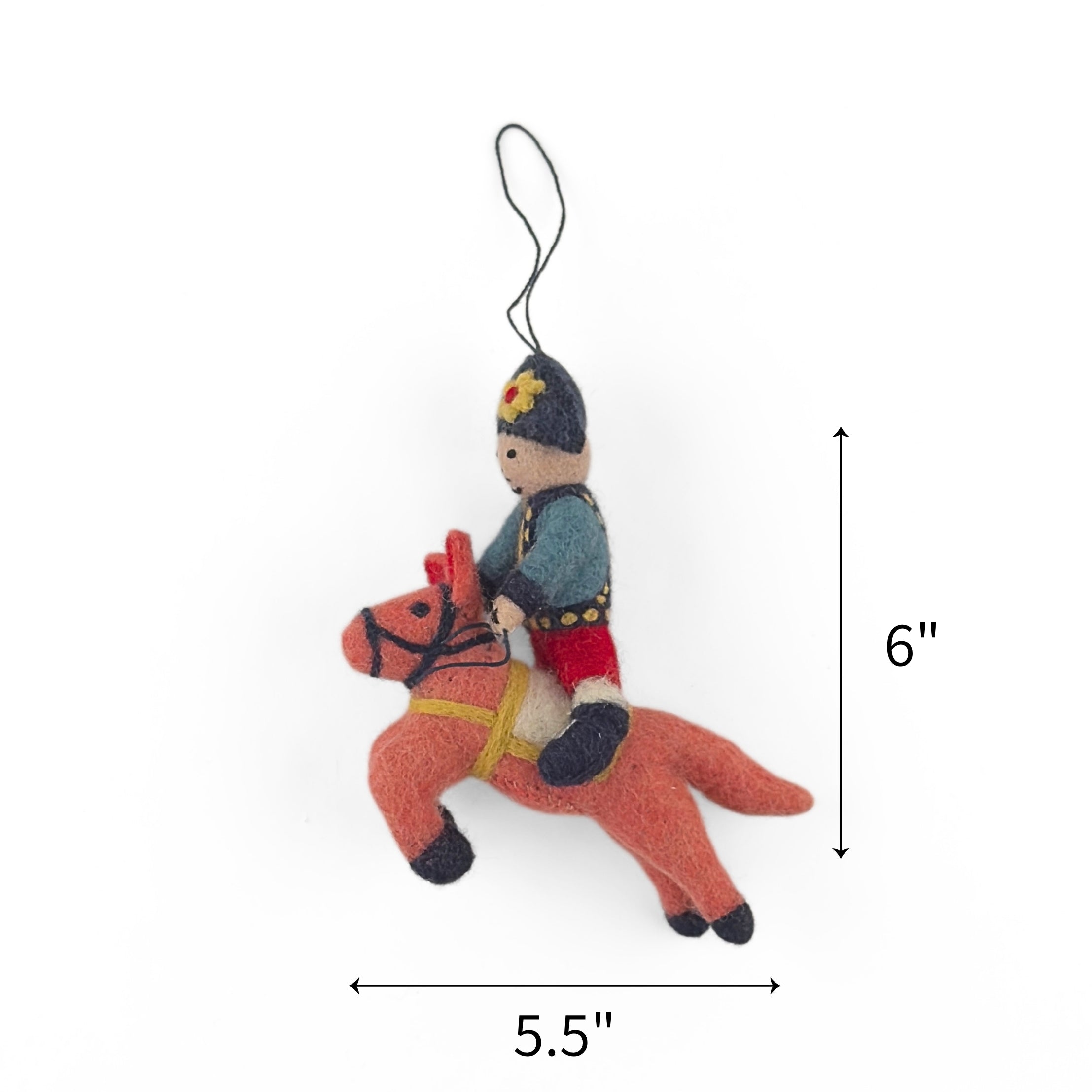 Felt patriotic soldier horse ornament featuring a colonial rider, measuring 6" and 5.5"