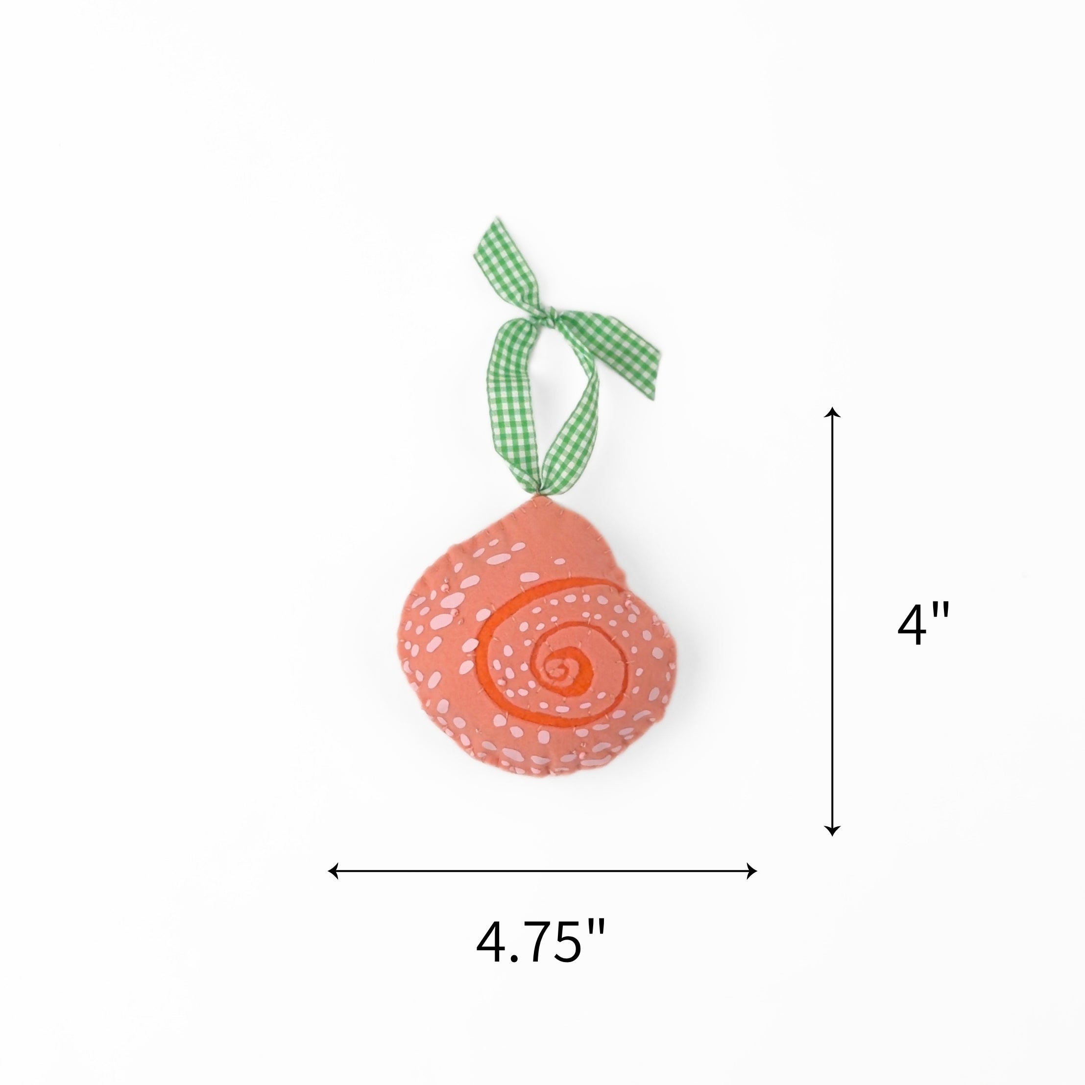 Felt pink and orange shell Christmas ornament featuring white accents, measuring 4" by 4.75"
