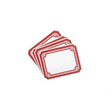 Three Elegant Geranium paper place card featuring a decorative red border and personalized names for table settings.