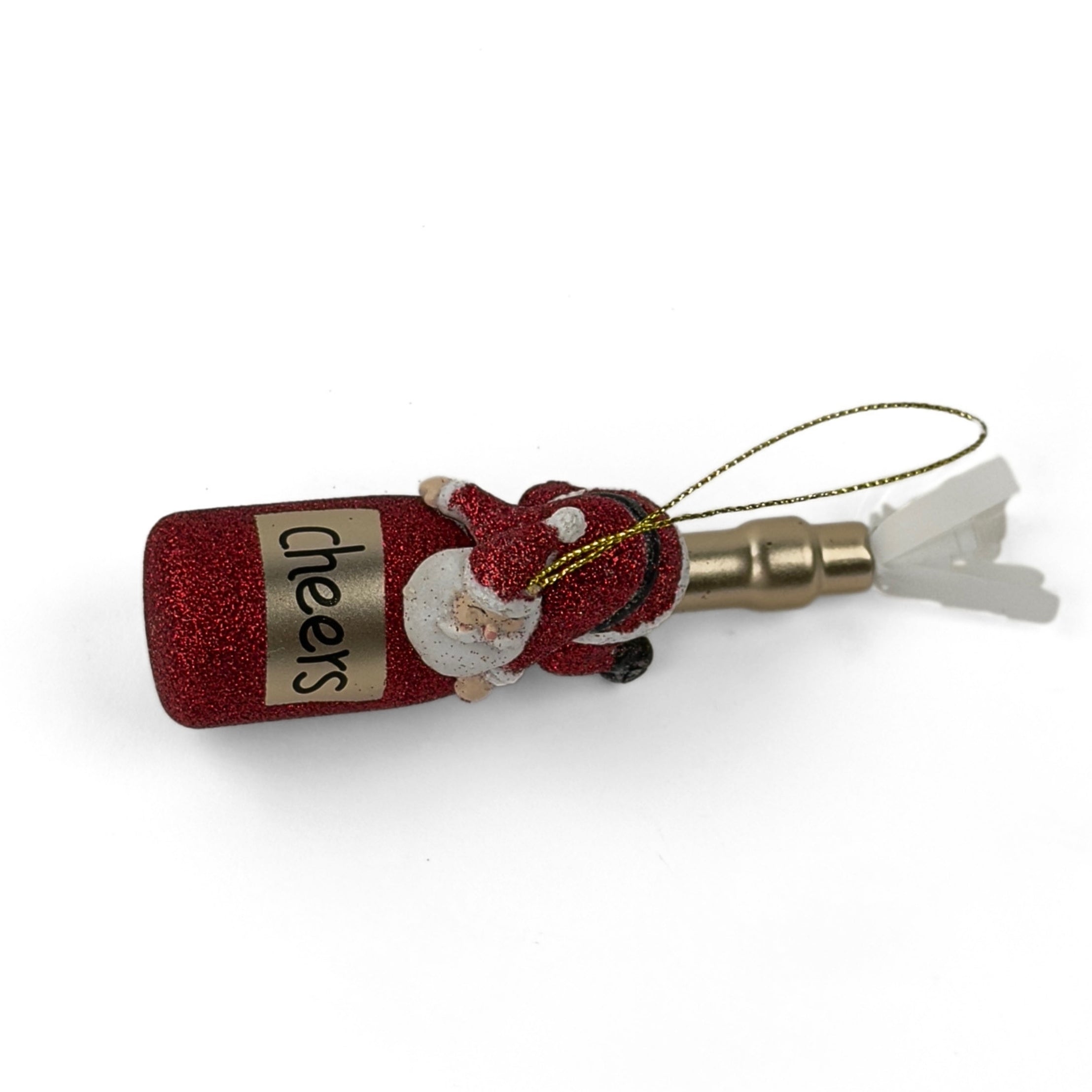 a santa riding a red champagne bottle ornament against a white background
