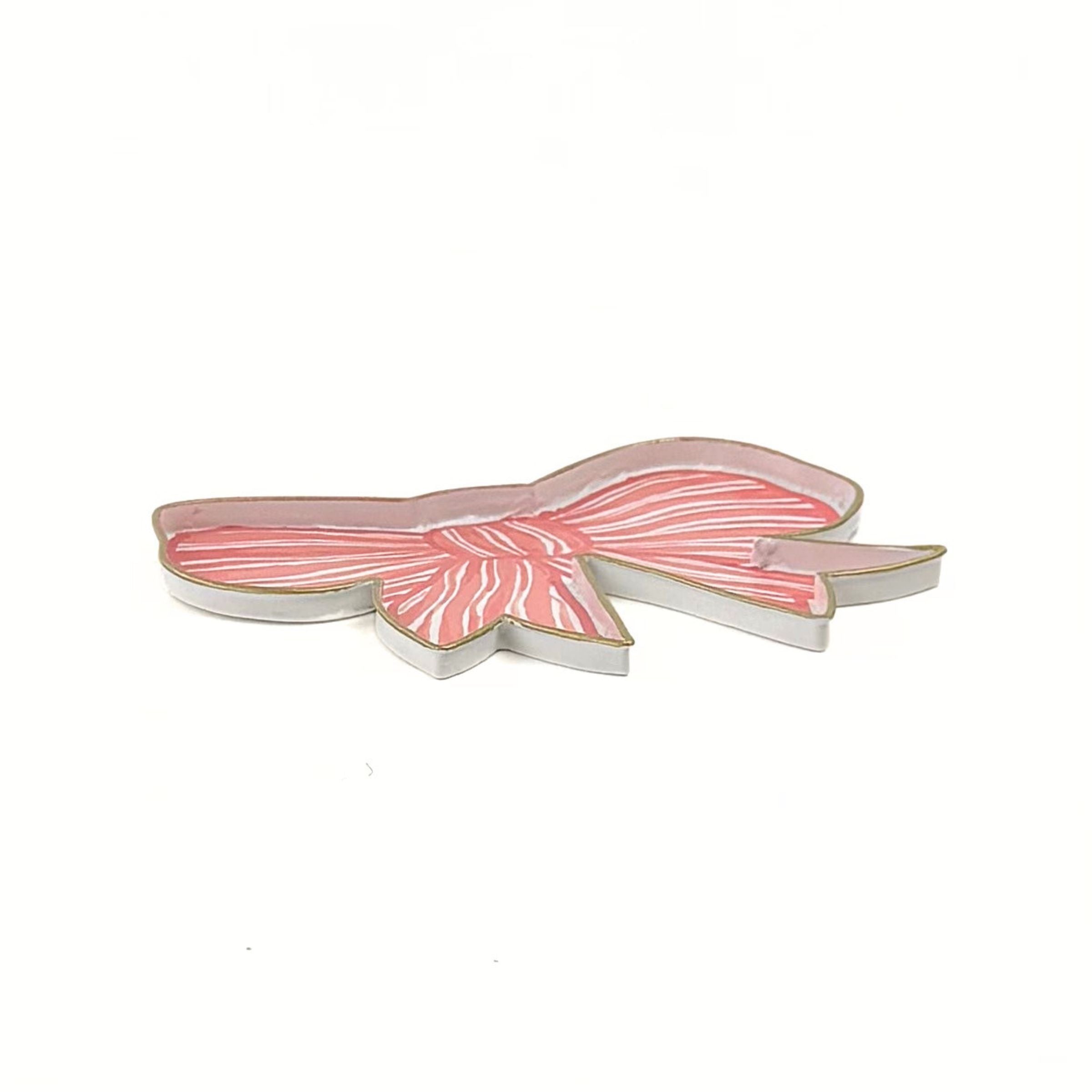 Flat view hand-painted tole tray featuring a delicate pink bow with white stripes and elegant gold trim on a white background