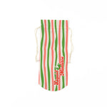 pink, green, and white striped wine bag with “Liquid Mistletoe” printed on the front