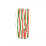 pink, green, and white striped wine bag with “Liquid Mistletoe” printed on the front