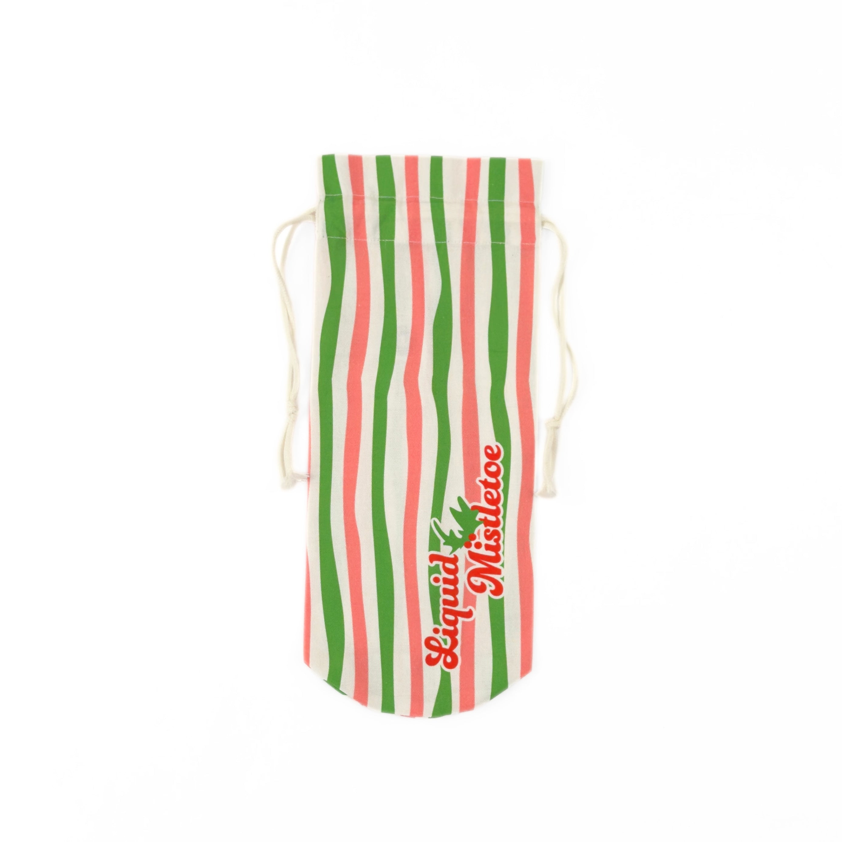 pink, green, and white striped wine bag with “Liquid Mistletoe” printed on the front