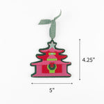 Felt chinoiserie pagoda Christmas ornament featuring pink, red, and green details, measuring 4.25" by 5"
