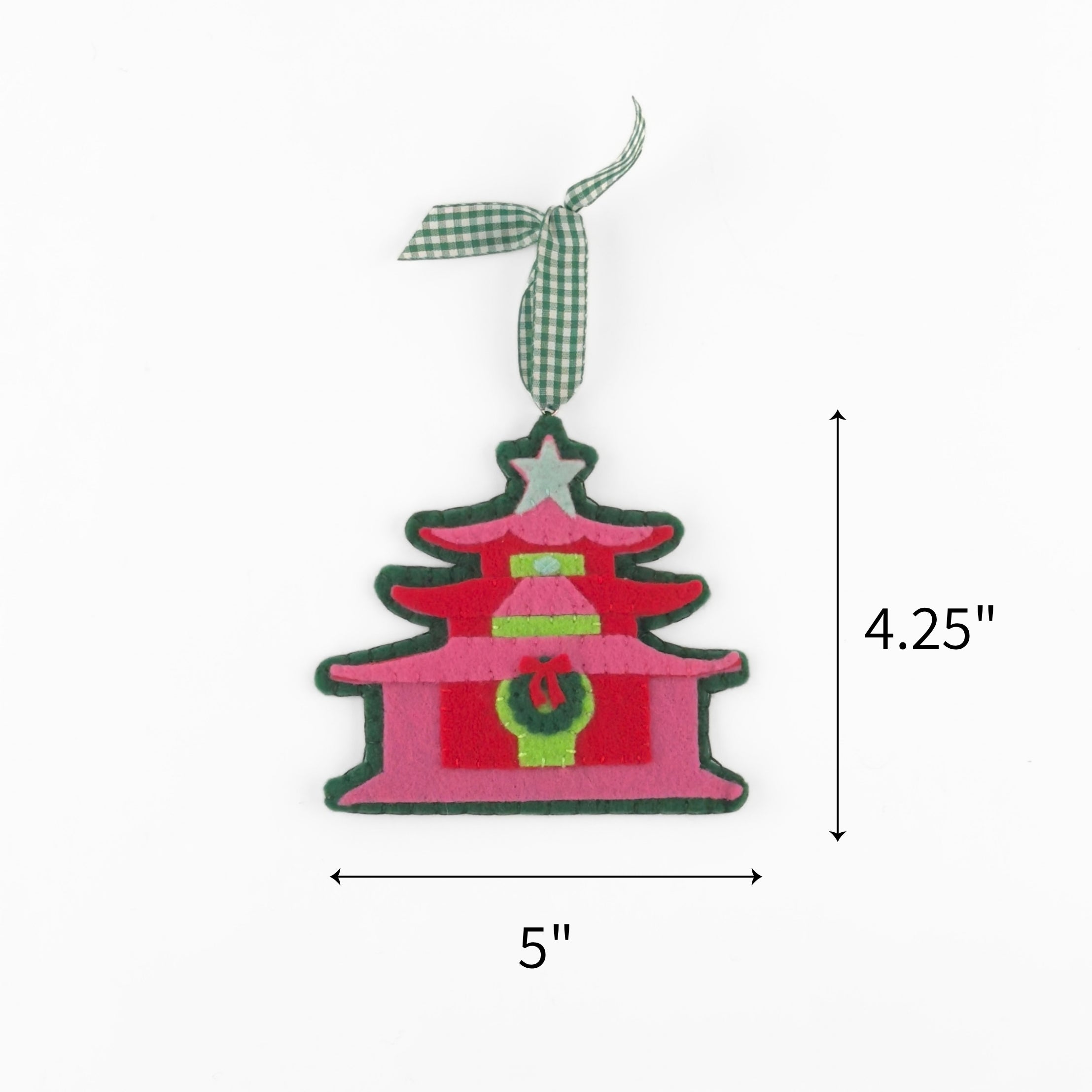 Felt chinoiserie pagoda Christmas ornament featuring pink, red, and green details, measuring 4.25" by 5"