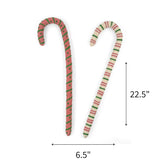 Large pink and green felt Christmas candy canes featuring festive patterns, measuring 22.5" by 6.5"