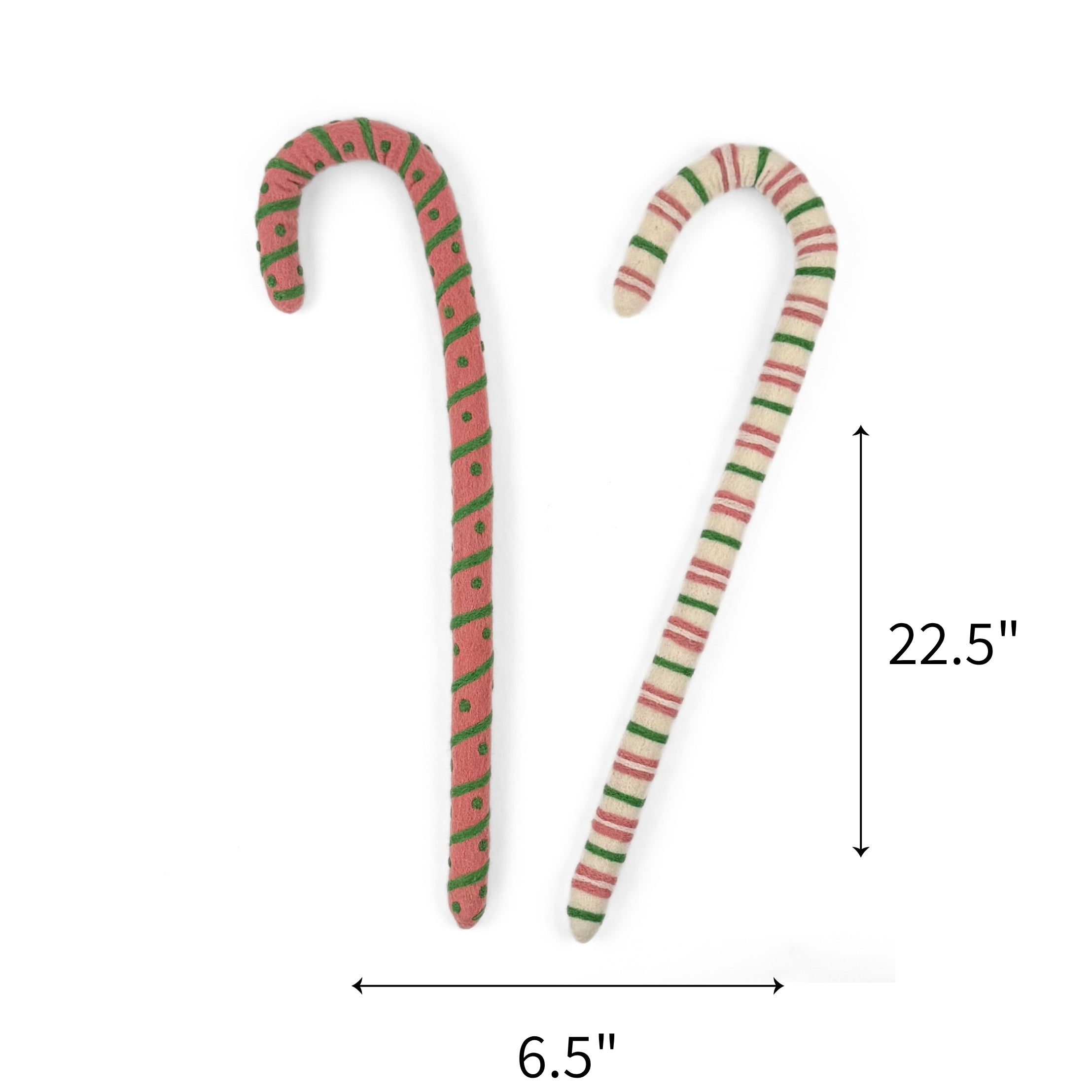 Large pink and green felt Christmas candy canes featuring festive patterns, measuring 22.5" by 6.5"