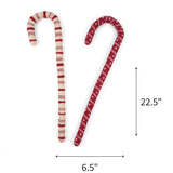 Large red and pink felt Christmas candy canes featuring festive patterns, measuring 22.5" by 6.5"
