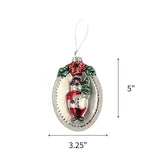 Snowman glass Christmas ornament featuring sparkling silver, red, and green accents, measuring 5" by 3.25"