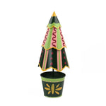 A tole metal Christmas Tree Centerpiece patterned with stripes, scallops and spots in a green and yellow painted base in Madcap Cottage motifs. 