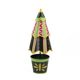 A tole metal Christmas Tree Centerpiece patterned with stripes, scallops and spots in a green and yellow painted base in Madcap Cottage motifs. 