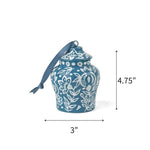 Elegant ginger jar ornaments featuring intricate floral patterns in blue with ribbons with dimensions of 4.75" by 3"