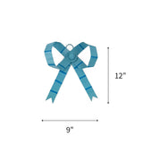 Blue tole Christmas bow ornament featuring darker blue stripes, measuring 12" by 9"
