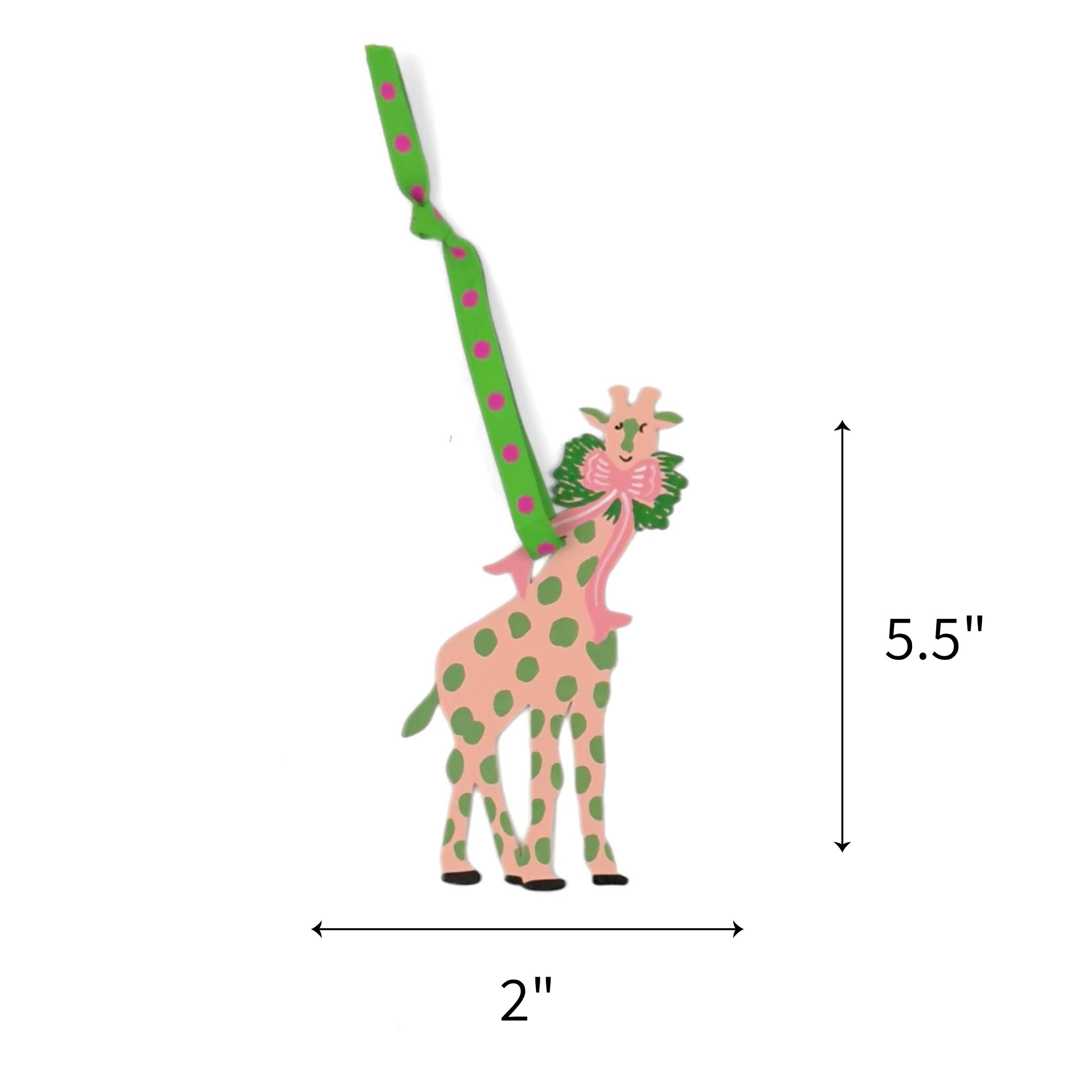 Hand-painted giraffe Christmas ornament featuring pink and green details, measuring 5.5" by 2"