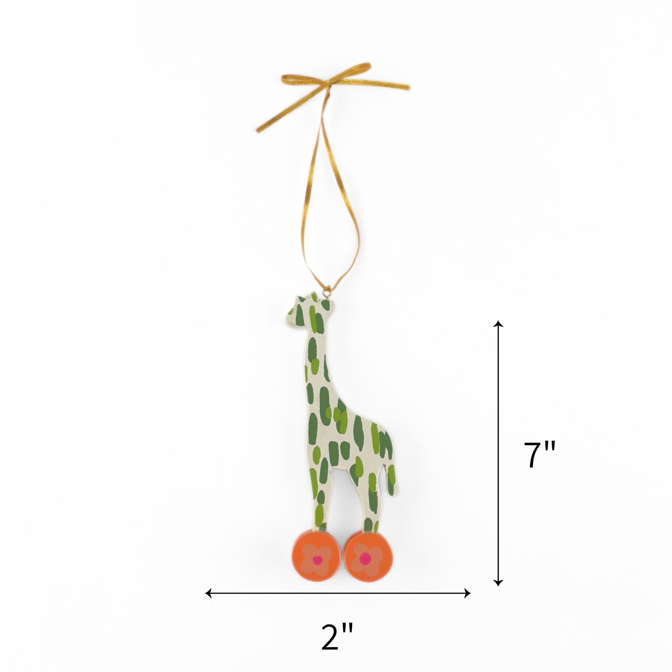 Wooden giraffe Christmas ornament featuring green spots and colorful wheels, measuring 7" by 2"