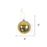 Gold mini disco ball Christmas ornament featuring reflective mirrored tiles, measuring 3" by 3" in diameter
