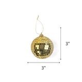 Gold mini disco ball Christmas ornament featuring reflective mirrored tiles, measuring 3" by 3" in diameter