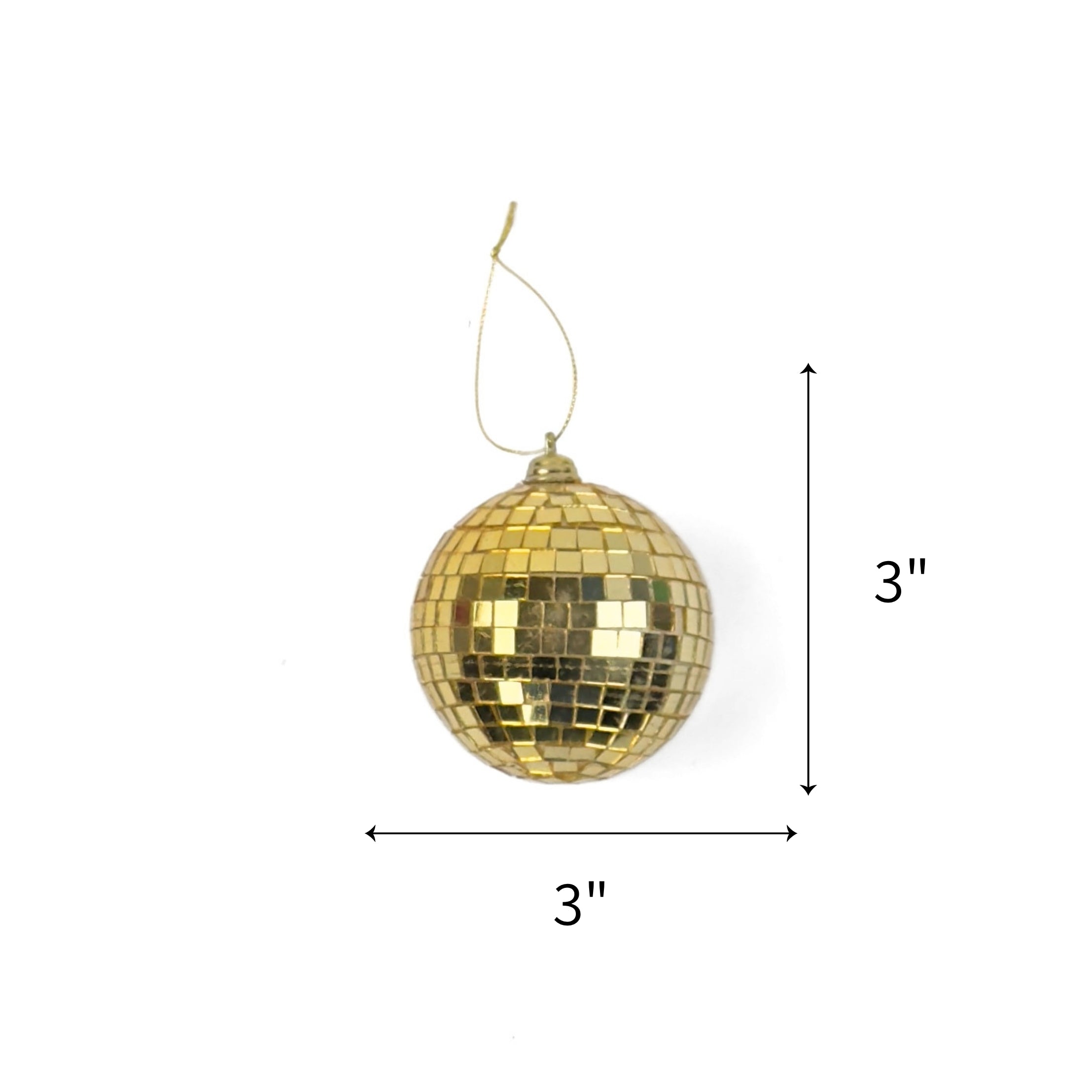 Gold mini disco ball Christmas ornament featuring reflective mirrored tiles, measuring 3" by 3" in diameter