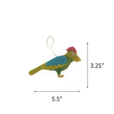 Green felted wool Christmas bird ornament featuring blue wings, measuring 3.25" by 5.5"