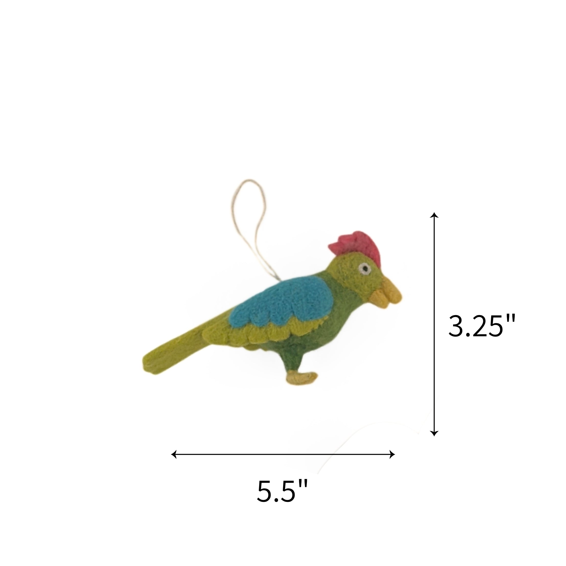 Green felted wool Christmas bird ornament featuring blue wings, measuring 3.25" by 5.5"