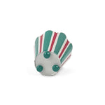 Bottom view of red and green striped tole cachepot with three rounded green feet.