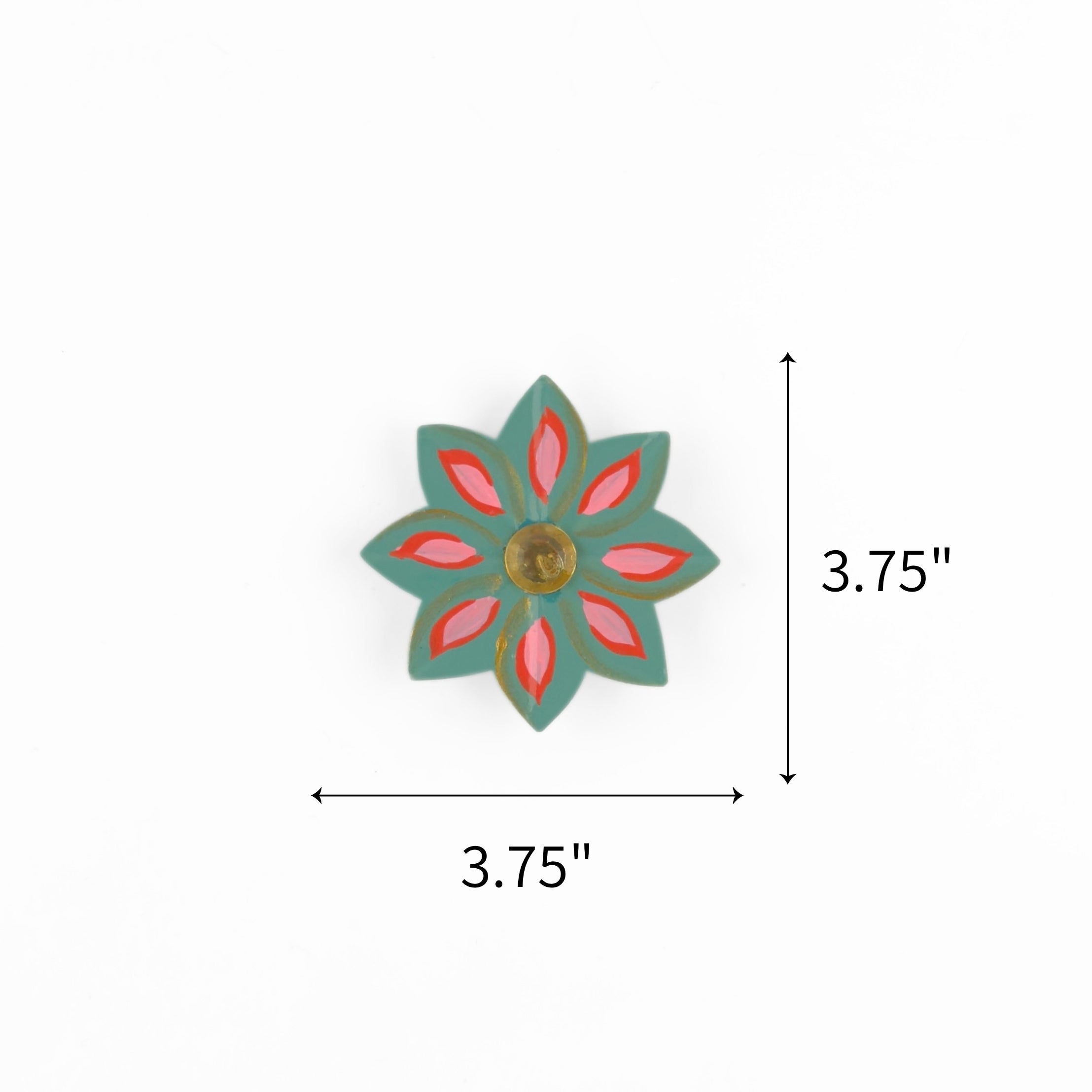 Green jeweled flower Christmas ornament featuring pink petals and gold accents, measuring 3.75" by 3.75"