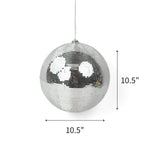Large silver mirrored disco ball Christmas ornament featuring reflective tiles, measuring 10.5" by 10.5"