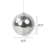 Large silver mirrored disco ball Christmas ornament featuring reflective tiles, measuring 10.5" by 10.5"
