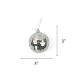 mini silver disco ball christmas ornaments on a white background with 3"x3" dimension