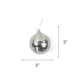 mini silver disco ball christmas ornaments on a white background with 3"x3" dimension