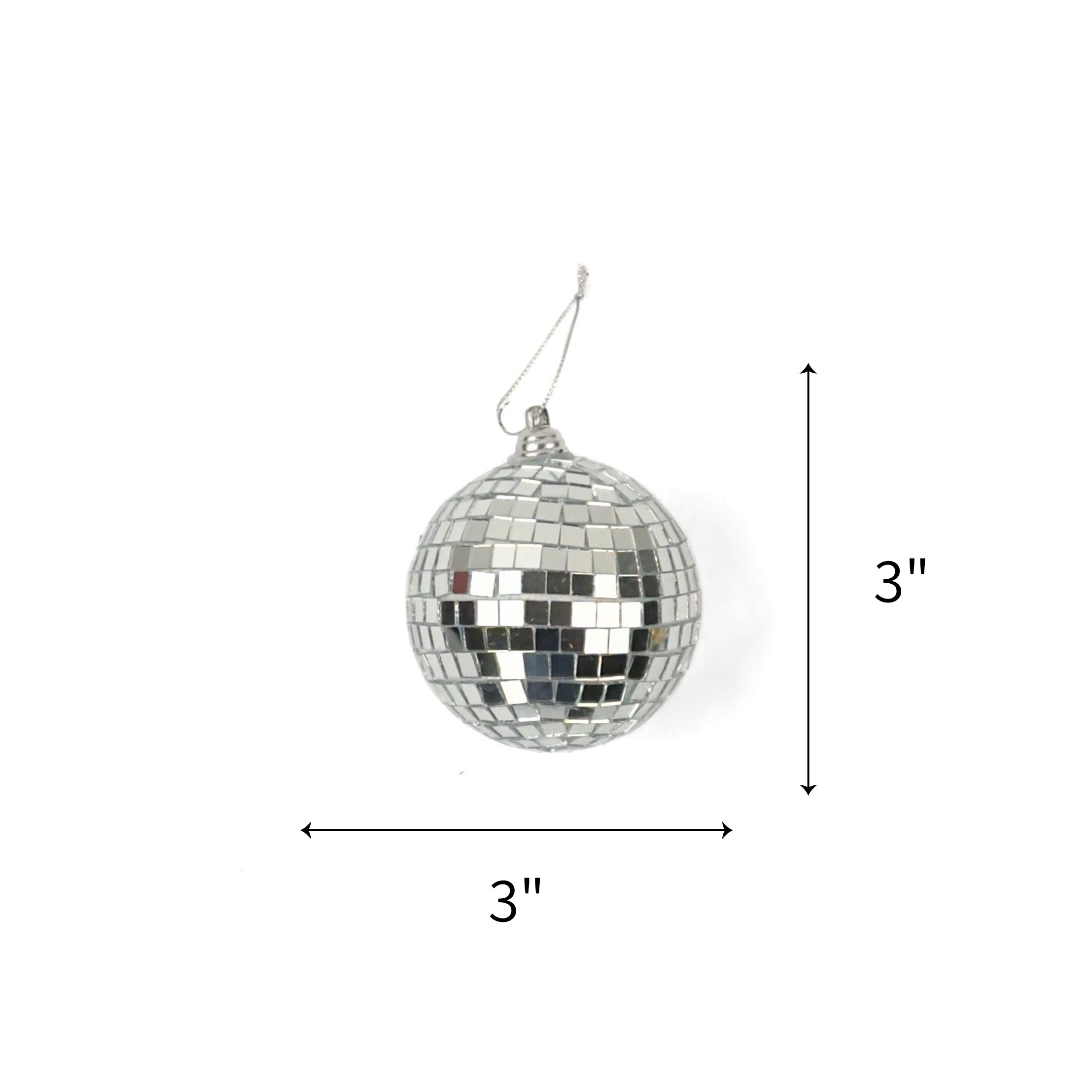mini silver disco ball christmas ornaments on a white background with 3"x3" dimension