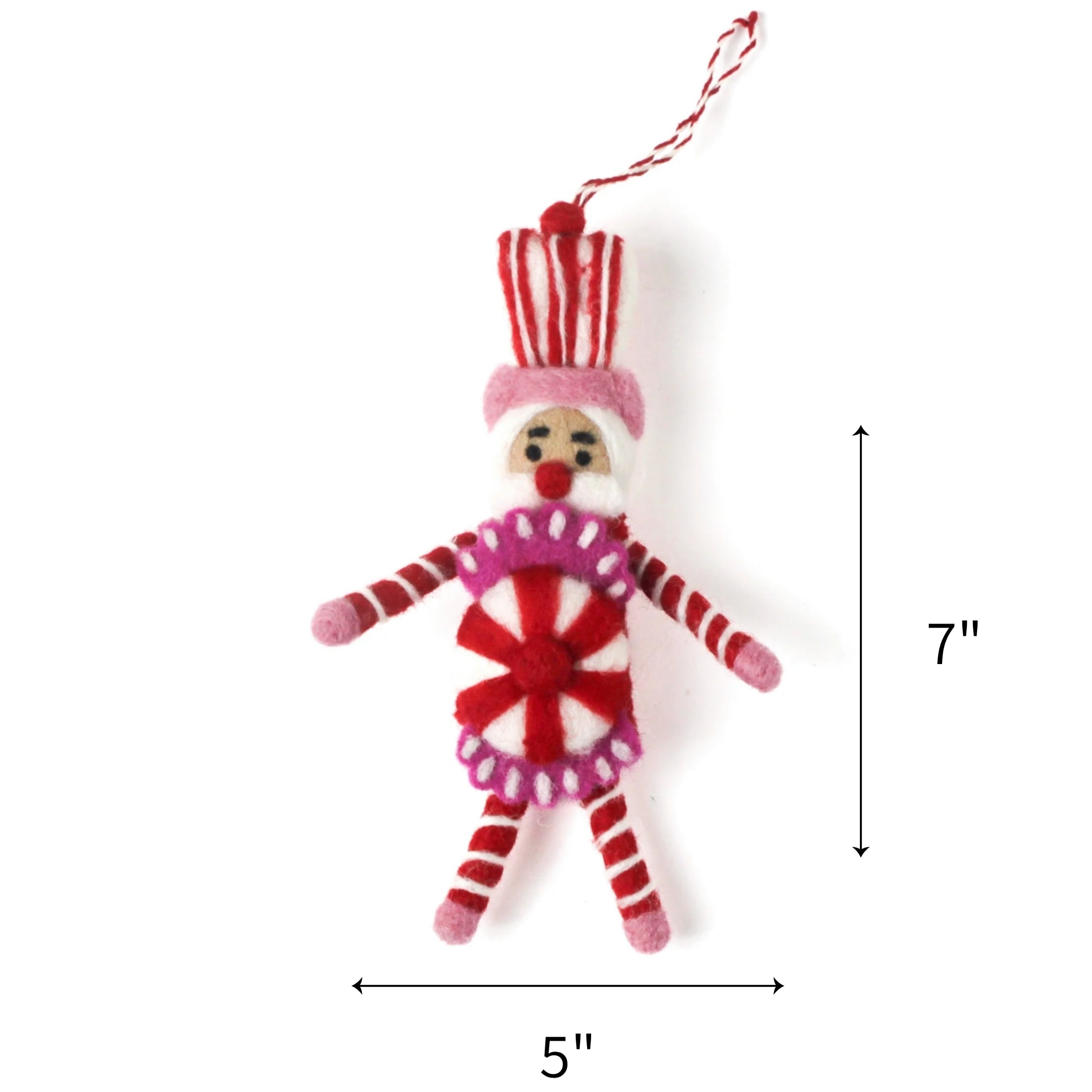 Pink and red felt nutcracker candy ornament featuring striped details, measuring 7" by 5"