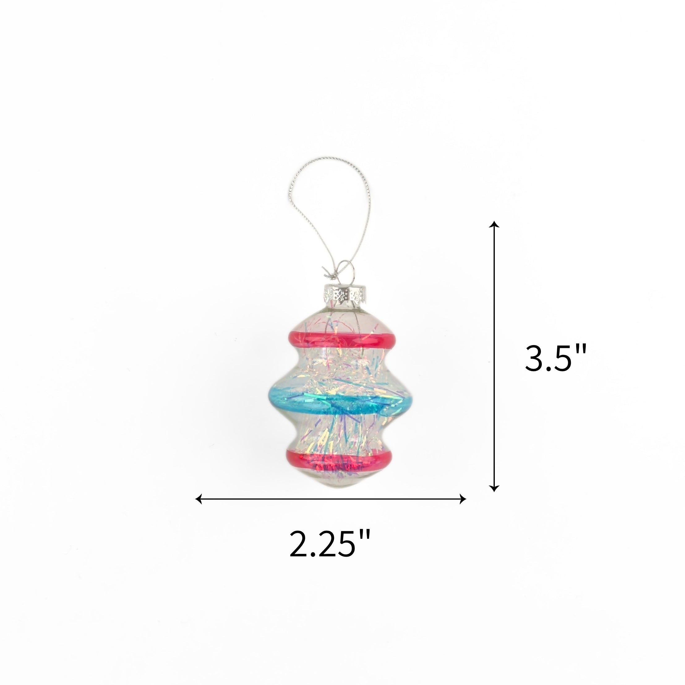 Patriotic tinsel glass ornament featuring shimmering red, blue, and silver accents, measuring 3.5" by 2.25"