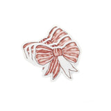 Three Elegant red bow place cards featuring delicate white stripes and personalized names for festive table settings.