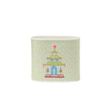 Small Festive Christmas caddy featuring colorful pagodas, pink stars, and delicate green patterned backgrounds throughout