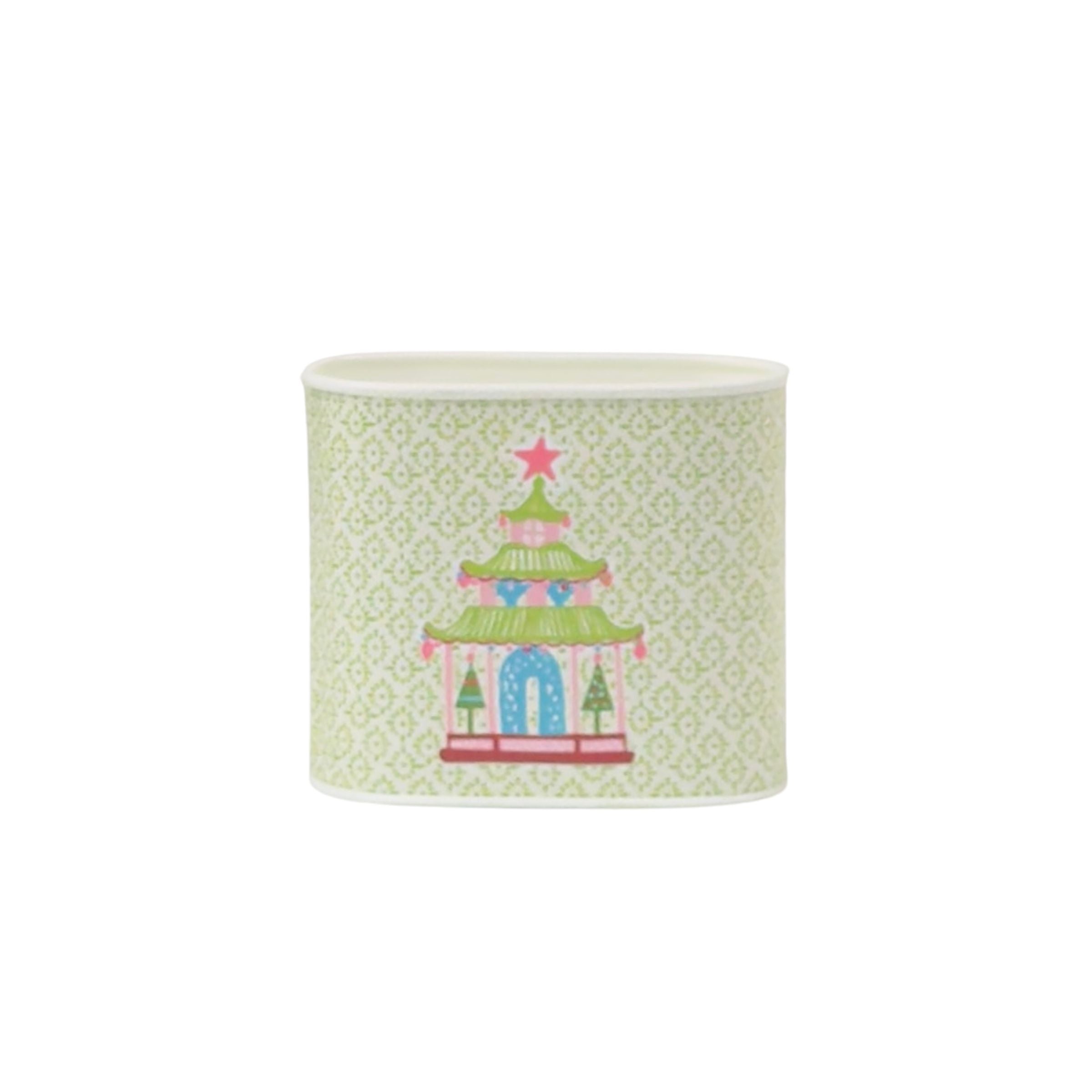 Small Festive Christmas caddy featuring colorful pagodas, pink stars, and delicate green patterned backgrounds throughout