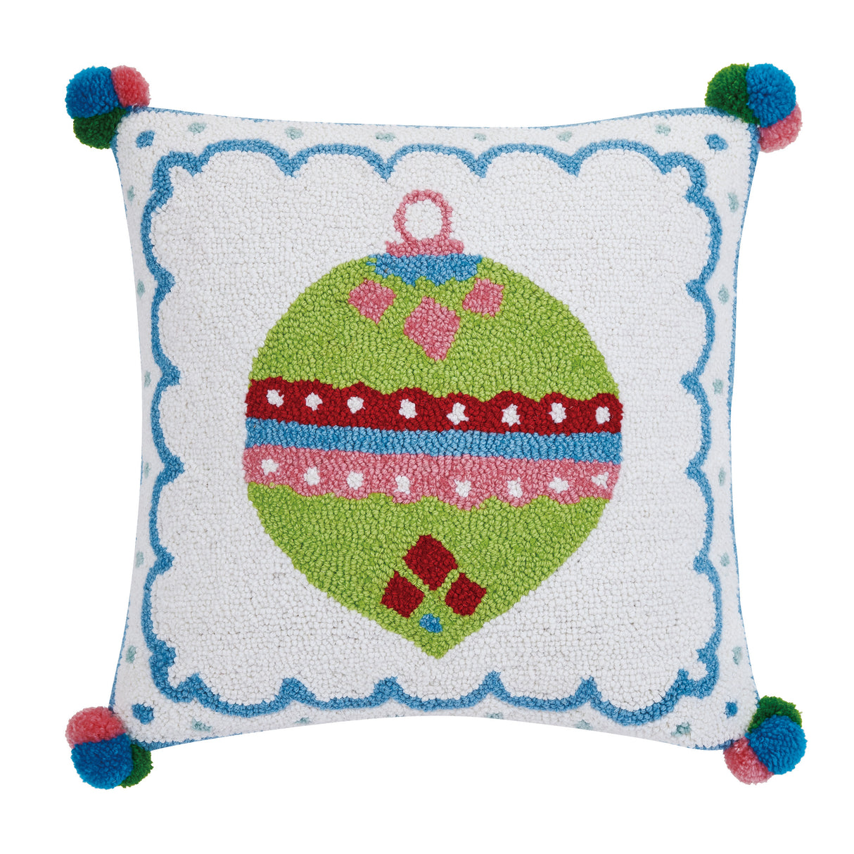 Green Christmas Ornament Hooked-Wool Accent Pillow