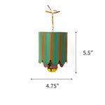 Colorful tole metal lantern Christmas ornament featuring blue, green, and pink stripes, measuring 5.5" by 4.75"