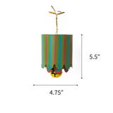 Colorful tole metal lantern Christmas ornament featuring blue, green, and pink stripes, measuring 5.5" by 4.75"