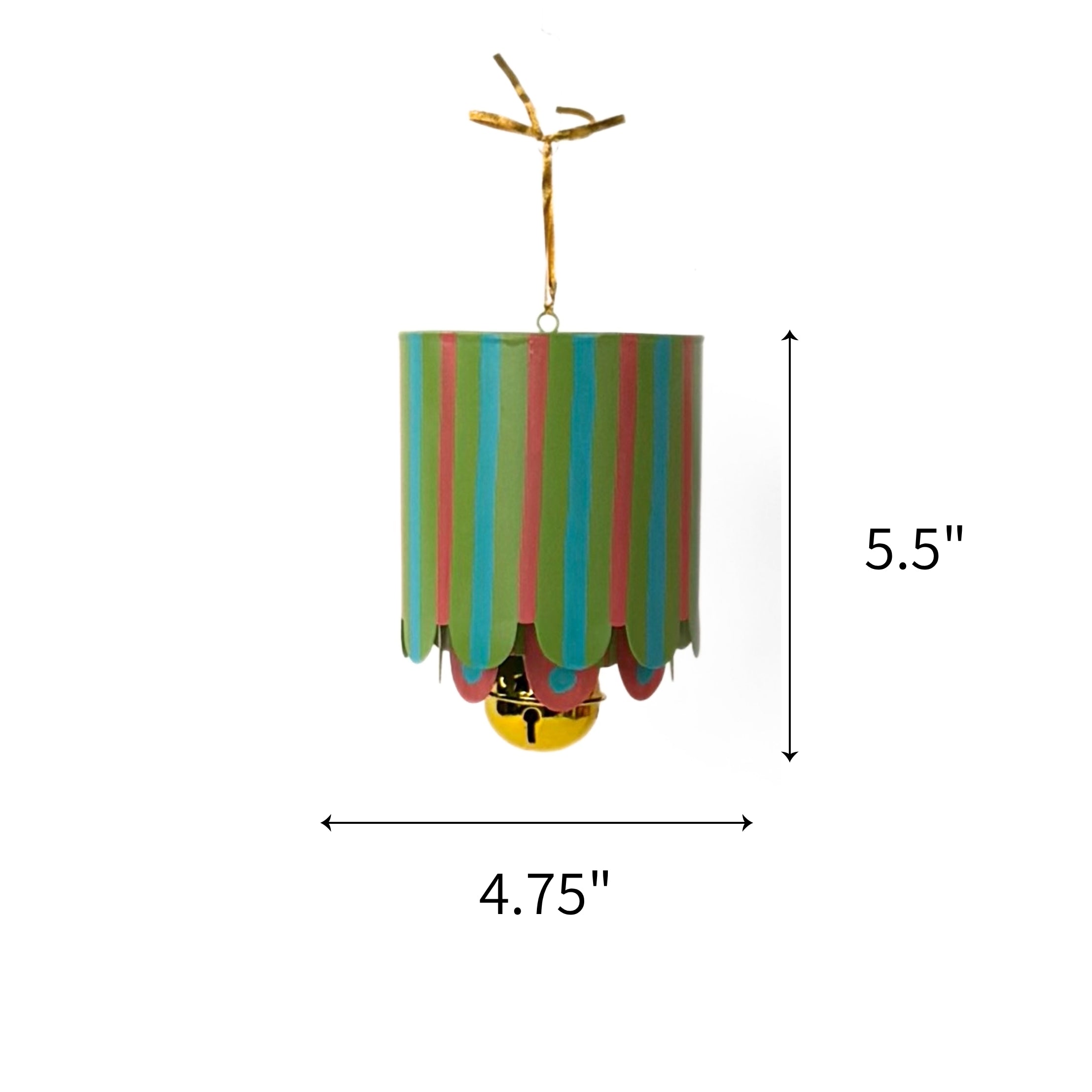 Colorful tole metal lantern Christmas ornament featuring blue, green, and pink stripes, measuring 5.5" by 4.75"