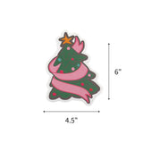 Festive Christmas tree place card featuring colorful ornaments, a pink ribbon, and space for personalized names with dimension indicating 4.5" by 6".