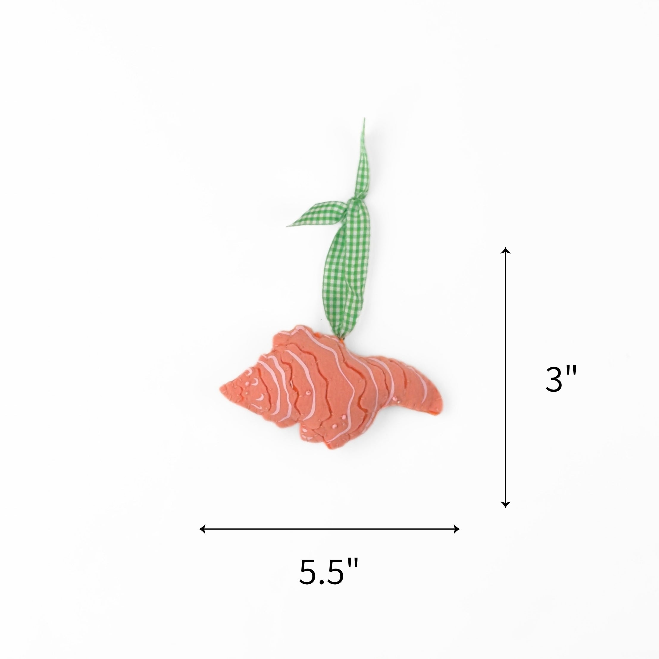 Felt pink and orange shell Christmas ornament featuring white accents, measuring 3" by 5.5"